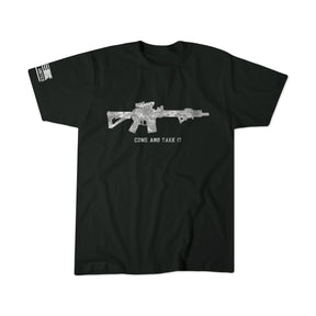 Show your support for the 2nd Amendment with the Born United Private Label “Come and Take It” black t-shirt, featuring a bold rifle graphic and statement text. This patriotic tee also sports an American flag graphic on the right sleeve.