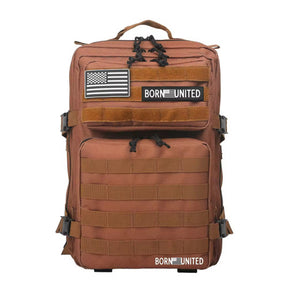 The Chocolate Tac-Pac - 25L by Born United Private Label is a brown tactical backpack featuring black side buckles, MOLLE webbing, a black-and-white American flag patch, a BORN UNITED patch on the front, and a visible top handle.