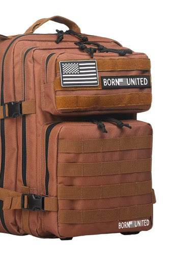 The Chocolate Tac-Pac - 25L by Born United Private Label is a brown tactical backpack with multiple compartments, MOLLE webbing, adjustable straps, and patches featuring an American flag and Born United.
