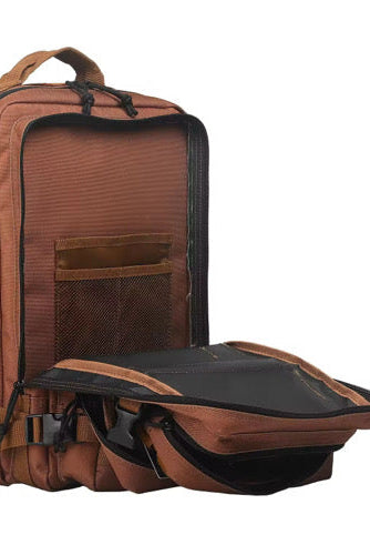The Chocolate Tac-Pac - 25L by Born United Private Label is a brown backpack with multiple compartments and pockets, shown with the front pocket unzipped. It features padded shoulder straps and a convenient top handle.