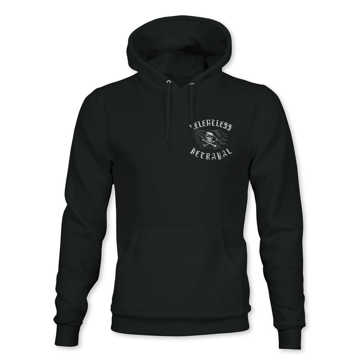 Introducing the Raise the Jolly Roger Hoodie by Relentless Betrayal—a black unisex hoodie inspired by pirate streetwear, featuring a front pocket and a small white graphic reading “Relentless Betrayal” above and below an illustrated eye on the left chest. This bold design effortlessly combines standout style with everyday comfort.