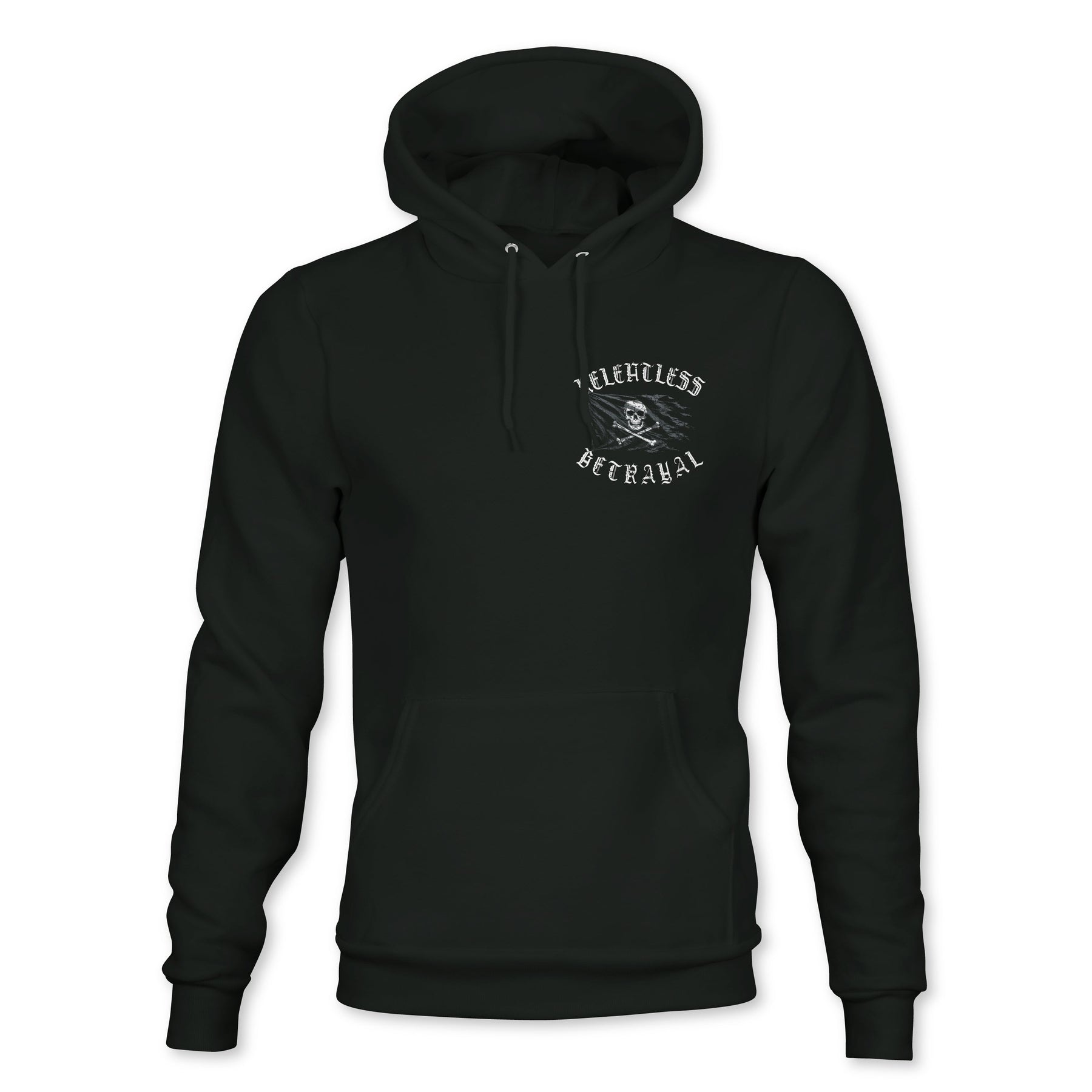 Introducing the Raise the Jolly Roger Hoodie by Relentless Betrayal—a black unisex hoodie inspired by pirate streetwear, featuring a front pocket and a small white graphic reading “Relentless Betrayal” above and below an illustrated eye on the left chest. This bold design effortlessly combines standout style with everyday comfort.