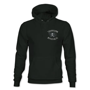 Introducing the Raise the Jolly Roger Hoodie by Relentless Betrayal—a black unisex hoodie inspired by pirate streetwear, featuring a front pocket and a small white graphic reading “Relentless Betrayal” above and below an illustrated eye on the left chest. This bold design effortlessly combines standout style with everyday comfort.