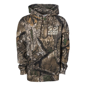 Introducing The Rut Realtree Premium Hoodie by Mucker Bucket—a high-quality hoodie featuring an authentic Realtree camouflage pattern with Mucker Bucket and antler graphics in white on the left chest. Crafted from soft ring-spun cotton, this premium hoodie offers exceptional comfort and durable style.