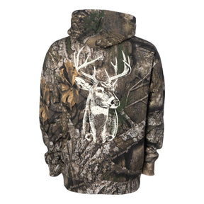 The Rut Realtree Premium Hoodie by Mucker Bucket features a white illustrated deer head with detailed antlers and forest background patterns on the back. Made from premium ring-spun cotton, this hoodie offers superior comfort and rugged outdoor style.