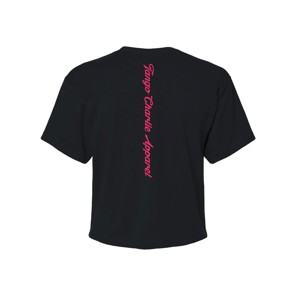 The Feral Crop Tee - Black by Tango Charlie Apparel features "Tango Charlie Apparel" in pink script down the back center—enjoy our comfyAF feel all day.