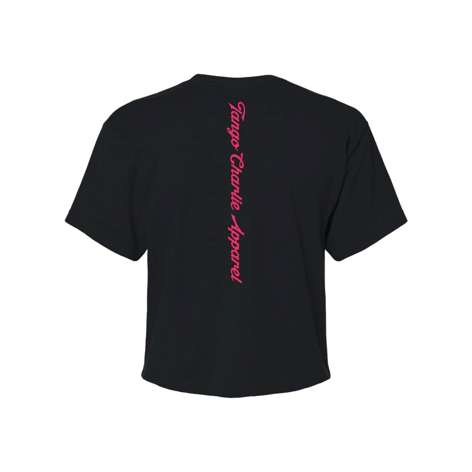 The Feral Crop Tee - Black by Tango Charlie Apparel features "Tango Charlie Apparel" in pink script down the back center—enjoy our comfyAF feel all day.
