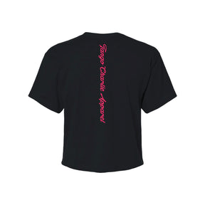 The Feral Crop Tee - Black by Tango Charlie Apparel features "Tango Charlie Apparel" in pink script down the back center—enjoy our comfyAF feel all day.