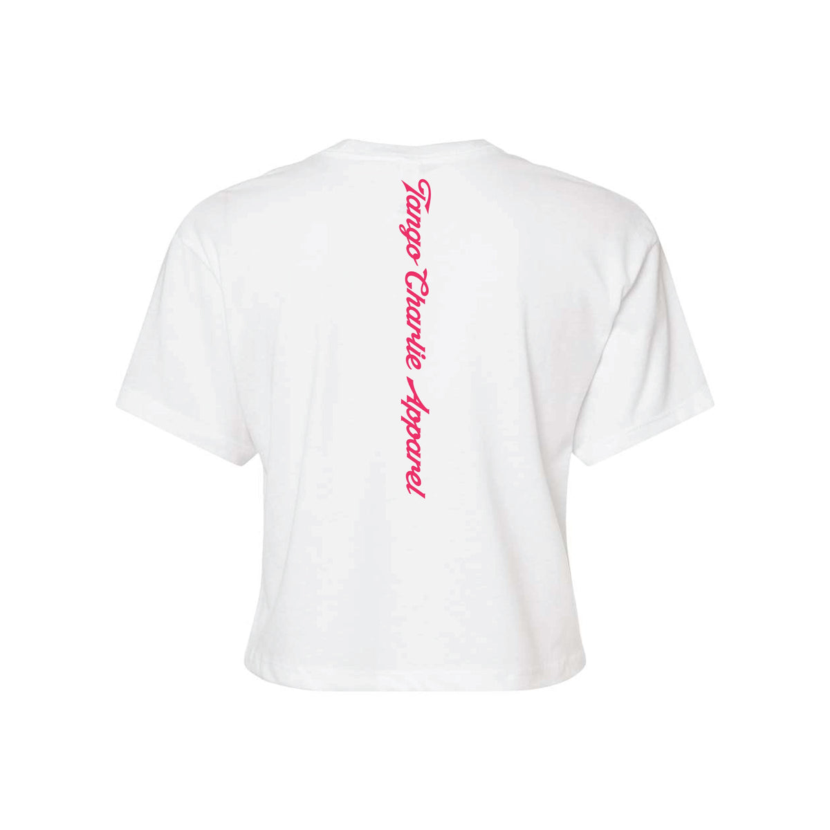 The Feral Crop Tee - White by Tango Charlie Apparel is a white short-sleeve cotton-poly blend, seen from the back with "Tango Charlie Apparel" printed vertically in bold red script down the center.