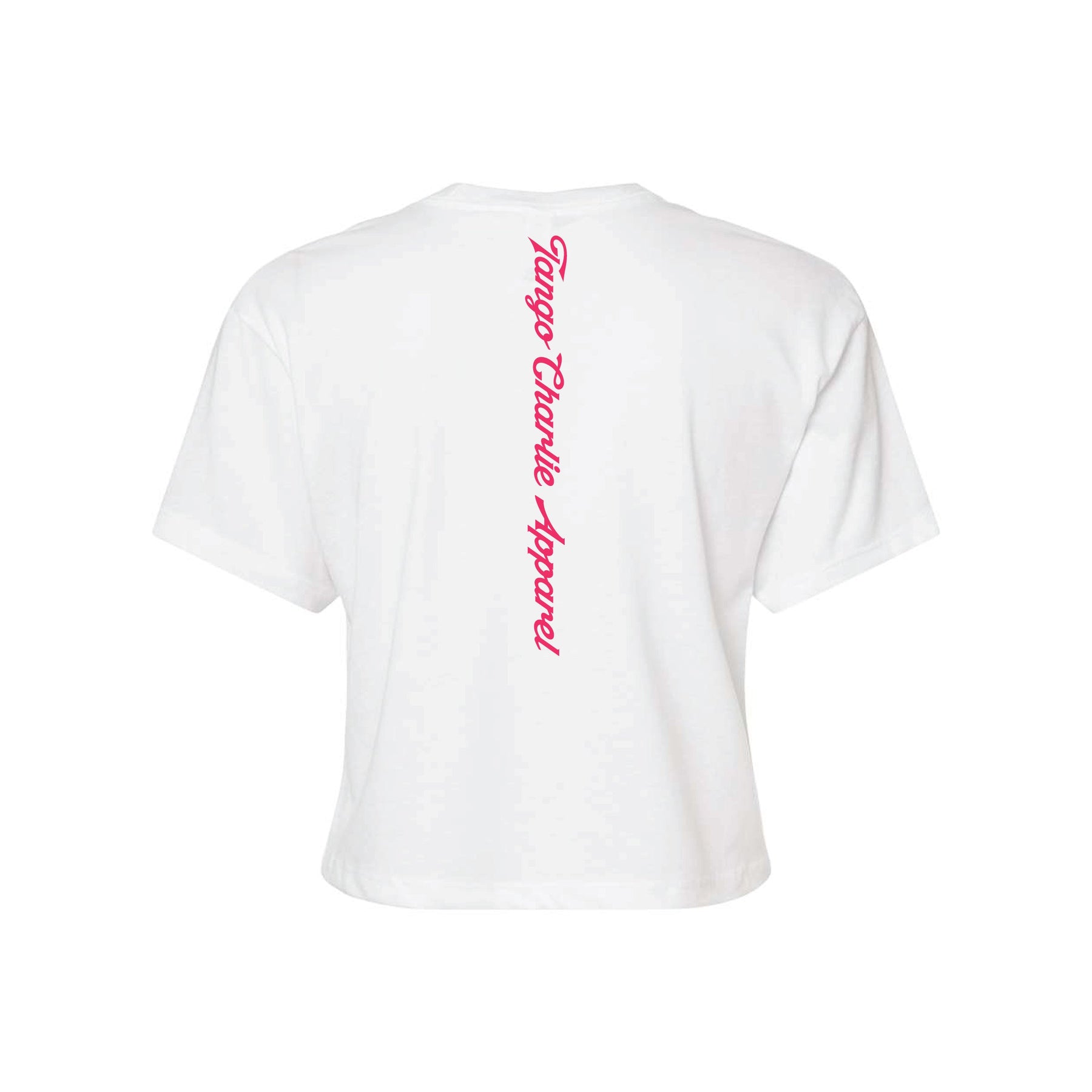 The Feral Crop Tee - White by Tango Charlie Apparel is a white short-sleeve cotton-poly blend, seen from the back with "Tango Charlie Apparel" printed vertically in bold red script down the center.