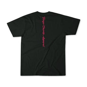 The Feral Tee by Tango Charlie Apparel is a black cotton-poly unisex t-shirt featuring "Fuego Cradle Appeal" in pink script printed vertically down the back.