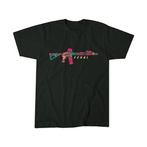The Feral Tee by Tango Charlie Apparel is a unisex black cotton-poly shirt with a vibrant rifle graphic and "FERAL" in bold yellow text. Comfortable for everyday wear.
