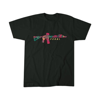 The Feral Tee by Tango Charlie Apparel is a unisex black cotton-poly shirt with a vibrant rifle graphic and "FERAL" in bold yellow text. Comfortable for everyday wear.