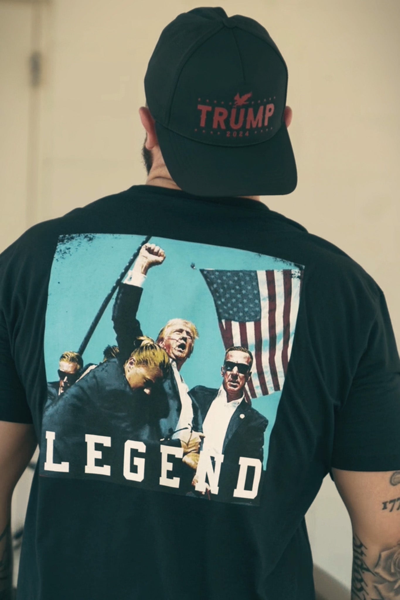 born united - forever legend black trump tee on model