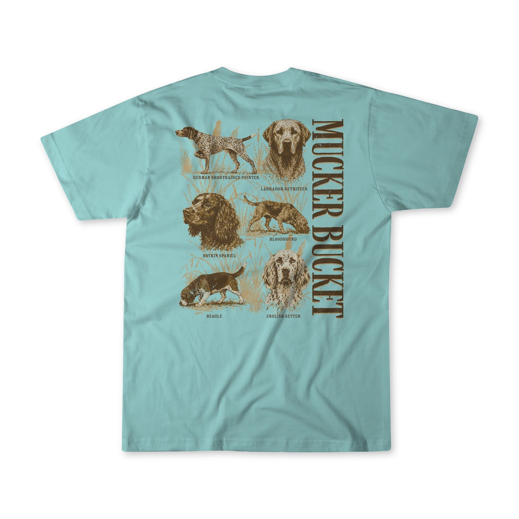 Showcase your love for dogs in style with the Youth Dog DNA Premium Tee by Mucker Bucket. This light blue kids’ t-shirt features labeled illustrations of six dog breeds on the back and has “MUCKER BUCKET” printed vertically along the right side. Perfect for young pet lovers who want to display their favorite breeds with a premium touch.