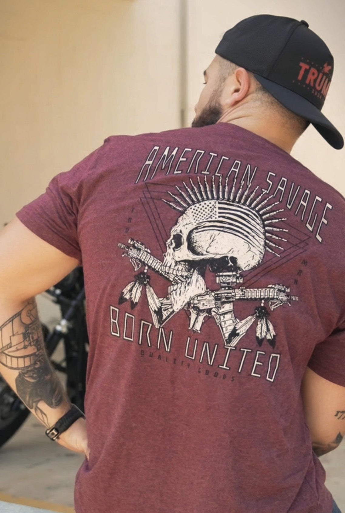 born united - american savage tee shirt on model