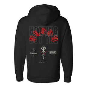 Back view of a black 13th Nothing But the Blood Ultra Premium Hoodie featuring red and white graphics of a chalice, a cross, biblical text, and the words Nothing But The Blood.
