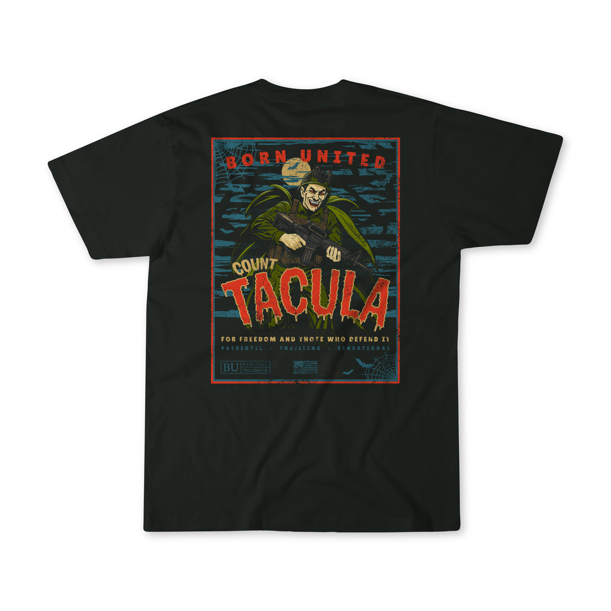 The Born United Private Label Count Tacula tee is a black, limited edition Halloween shirt with a comic book-style vampire graphic and tactical-inspired flair.