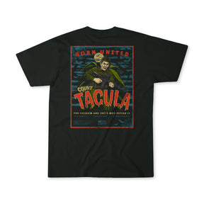 The Born United Private Label Count Tacula tee is a black, limited edition Halloween shirt with a comic book-style vampire graphic and tactical-inspired flair.