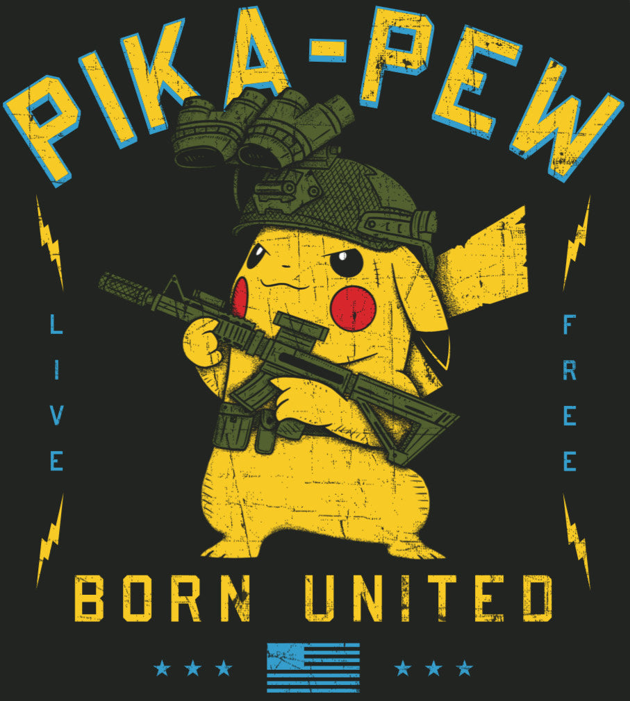 The Born United Private Label "Pika Pew" PVC Patch features a Pokemon trainer-inspired cartoon character confidently holding a gun, giving the phrase "Gotta Catch 'em All" an edgy new twist in this bold design.