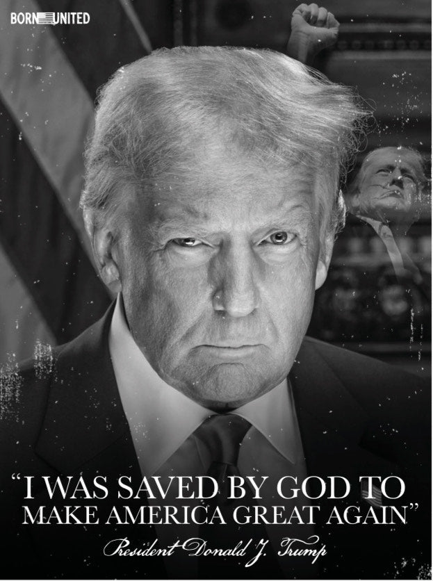 Black and white image of Donald Trump with the American flag and him raising his fist, plus “I was saved by God to make America great again.” Saved PVC Patch by Born United Private Label.