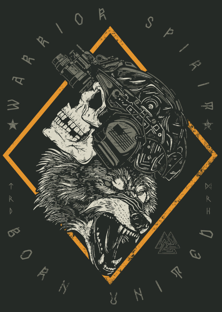 The Warrior Spirit PVC Patch by Born United Private Label features a skull in a tactical helmet morphing into a snarling wolf inside a yellow diamond, with “WARRIOR SPIRIT BORN UNITED” text framing the image.
