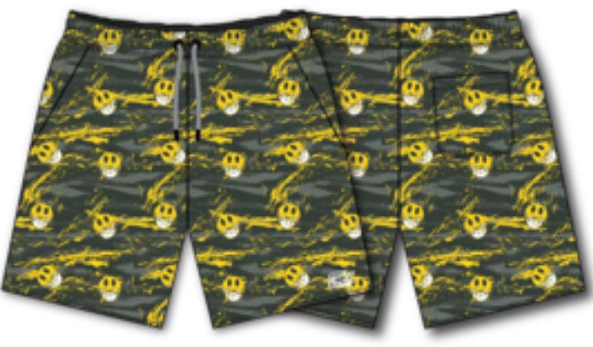 Mens Performance Training Shorts | 5.5 - Unleash The Savage by Tango Charlie Apparel, shown in green with a yellow and white skull abstract pattern, displayed from the front and back.