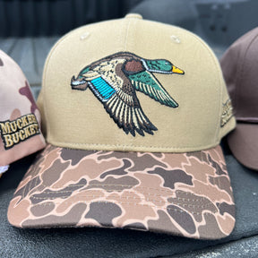 mucker bucket -mallard old school camo embroidered trucker hat