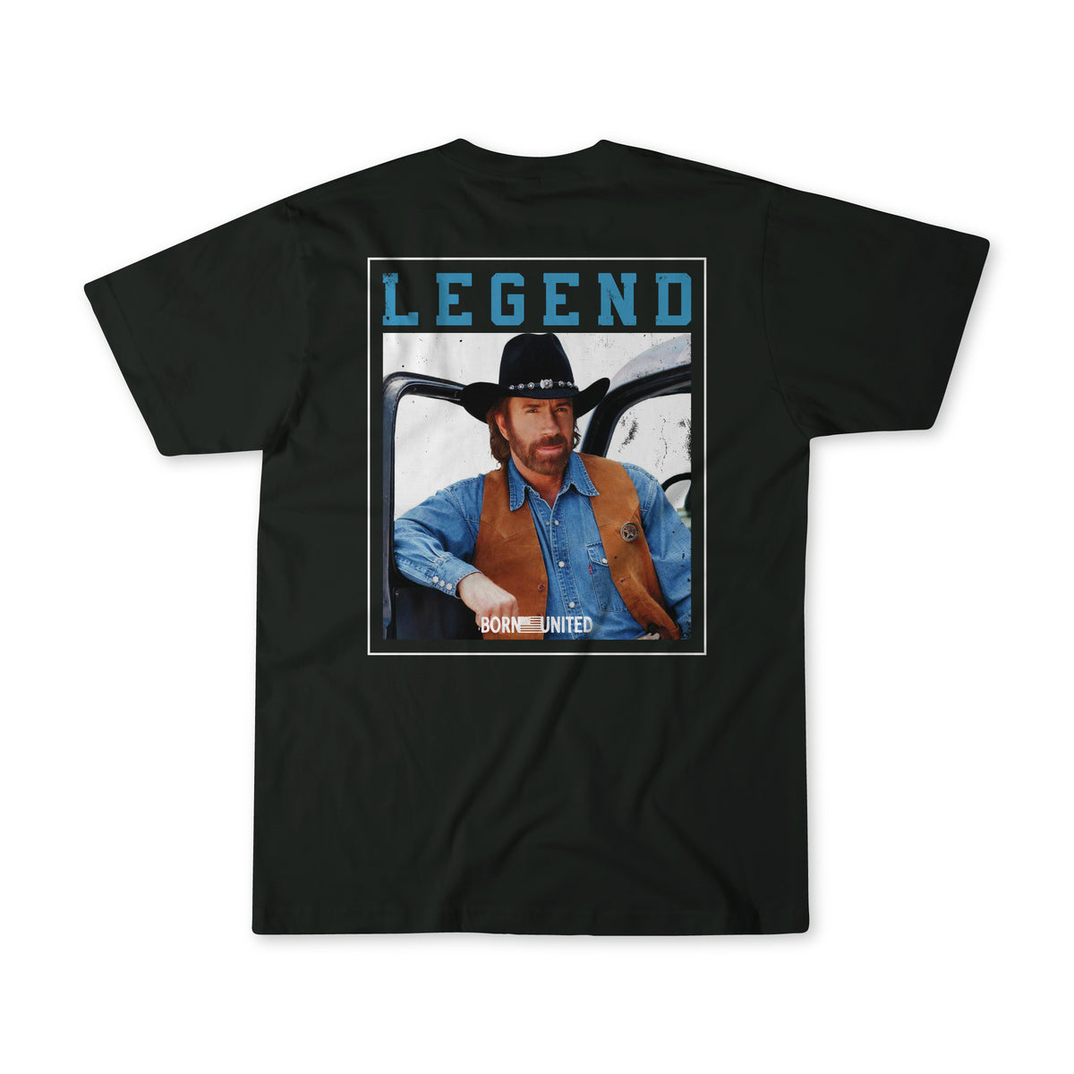 Pre-order the "Legend - Chuck" black T-shirt from Born United Private Label. Features a bearded man in a cowboy hat and vest at a car door, with LEGEND in blue above and BORN UNITED below—a must-have for American patriots.