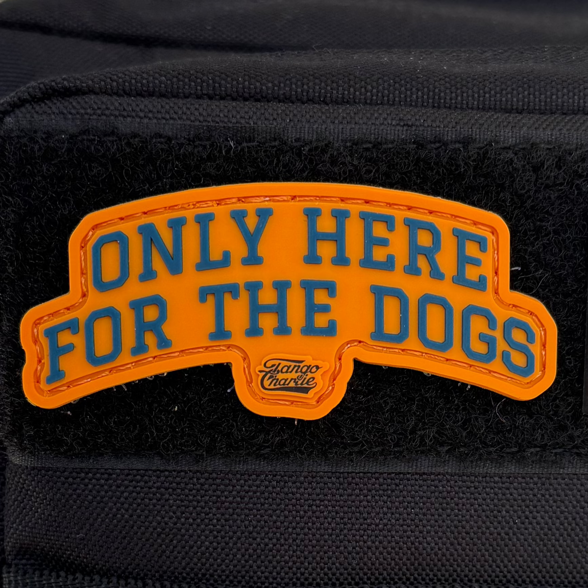 The Only Here For The Dogs PVC Patch by Tango Charlie Apparel is an orange patch with blue letters and the brand logo underneath, attached to black fabric. It's perfect for dog lovers to display their passion.