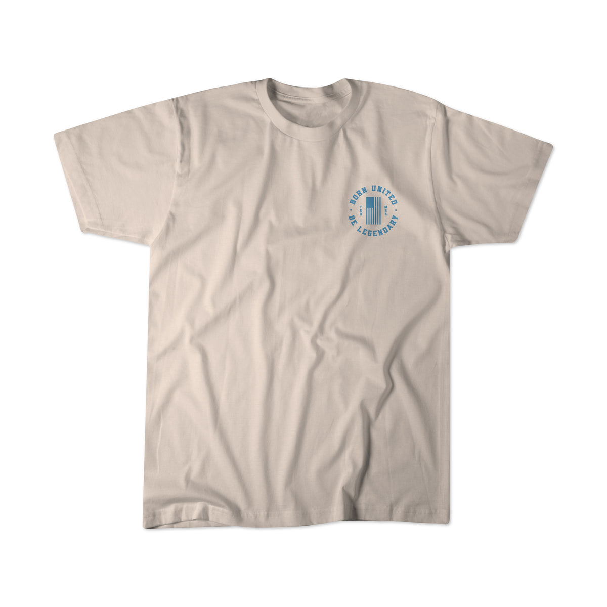 Pre-order the Legend - Chuck - Sand shirt by Born United Private Label, featuring a small blue circular "Born United, A Legend" graphic and vertical rectangle on beige—honor the American Patriot spirit today.