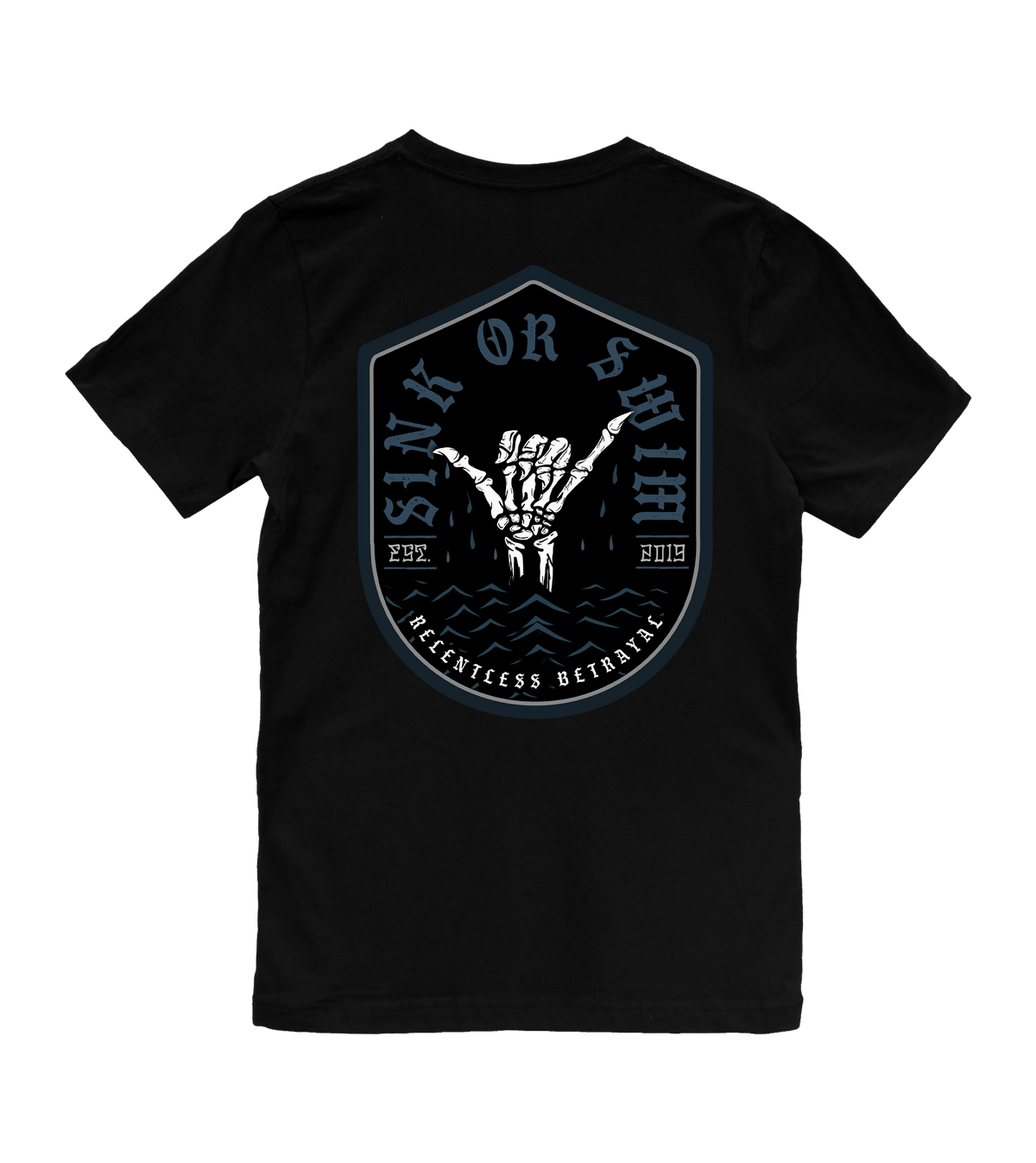 The Youth Sink or Swim Tee by Relentless Betrayal is a black t-shirt with a large shield graphic on the back, featuring a skeletal hand rising from water and the text Sink or Swim, Fearless Betrayal, plus the years 1979 and 2013.
