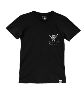 The Youth Sink or Swim Tee by Relentless Betrayal is a black t-shirt with a skeletal hand shaka sign and THE RECKLESS BETRAYAL printed below the graphic on the front left chest.