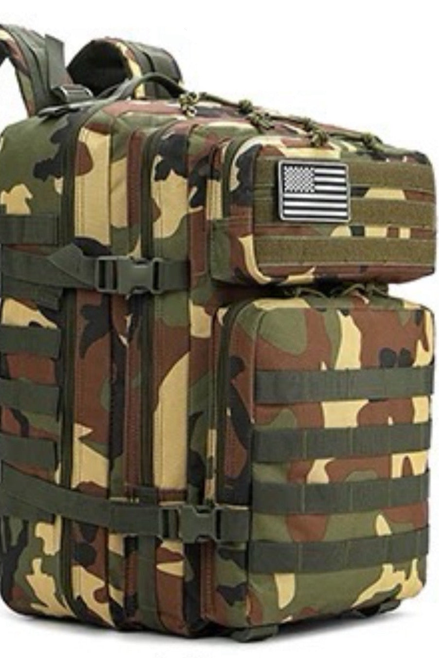 The Born United Private Label Standard Tac-Pac Ultimate Bundle features a camouflage tactical backpack with multiple compartments, black straps, buckles, and a front American flag patch—ideal for pairing with your favorite Born United T-shirt.
