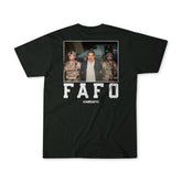 The FAFO - Maduro tee from Born United Private Label features three men—two in military gear, one civilian—with bold FAFO and "Born United" text. This limited design is available now for pre-sale.