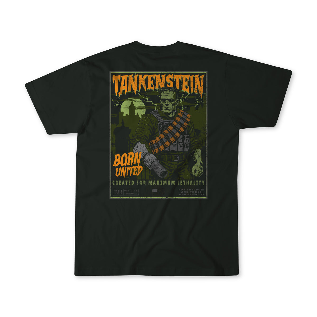 Celebrate Halloween with the Tankenstein limited-edition black tactical tee from Born United Private Label, featuring a bold green Frankenstein-inspired soldier graphic, ammo belts, explosions, and Born United, Created for Maximum Lethality on the back.