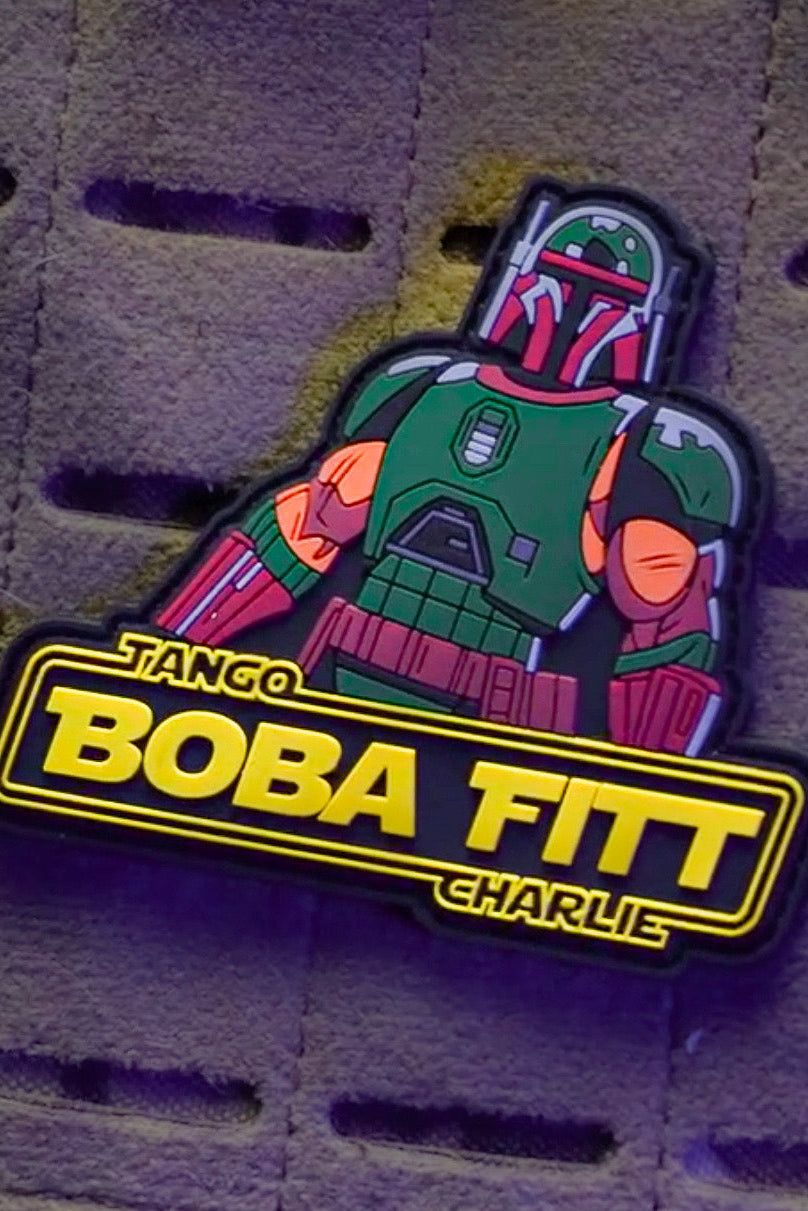 Boba Fett patch with 'Tango Boba Fitt Charlie' text on a textured background
