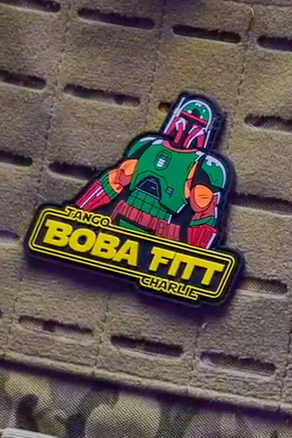 Boba Fett patch with 'Tango Charlie' text on a textured surface