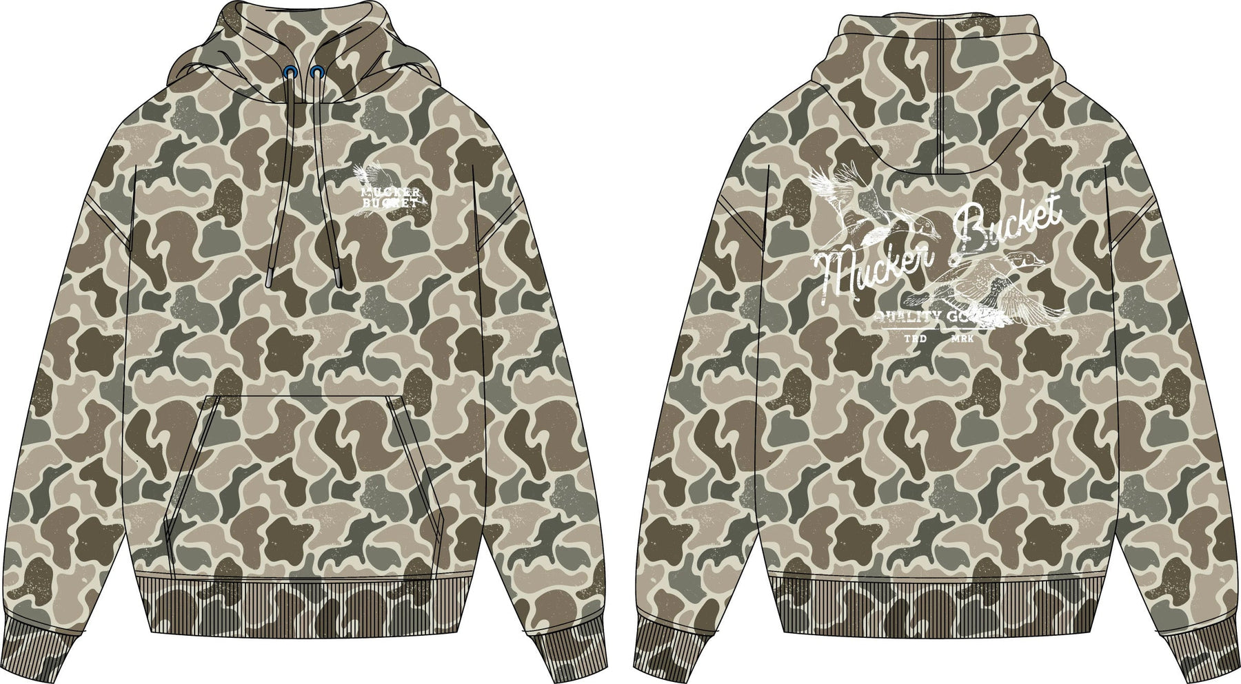 A front and back view of the Mucker Bucket Wood Ducks Premium Athletic Duck Camo Hoodie, featuring a white graphic and logo on both sides, with ribbed cuffs, hem, and a drawstring hood for comfort and style.