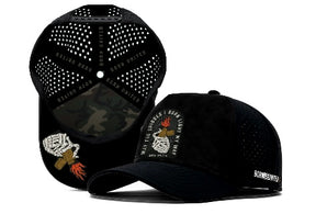 The Born United Premium Snapback - Burning Bridges by Born United Private Label is a black mesh trucker hat with "BORN UNITED" on the side, camo under the brim, and a flaming lighter with "Want the Guidelight, I Burn Light My Way" on the front.