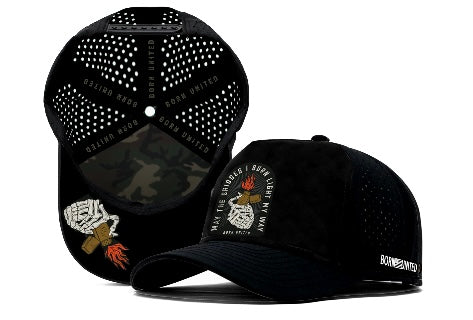 The Born United Premium Snapback - Burning Bridges by Born United Private Label is a black mesh trucker hat with "BORN UNITED" on the side, camo under the brim, and a flaming lighter with "Want the Guidelight, I Burn Light My Way" on the front.