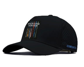 The Born United Premium Snapback - American Heroes by Born United Private Label features "American Heroes" above five colored stripes on the front, perforated side ventilation, and "BORN UNITED" in blue on the side.