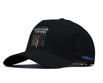 The Born United Premium Snapback - American Heroes by Born United Private Label features "American Heroes" above five colored stripes on the front, perforated side ventilation, and "BORN UNITED" in blue on the side.