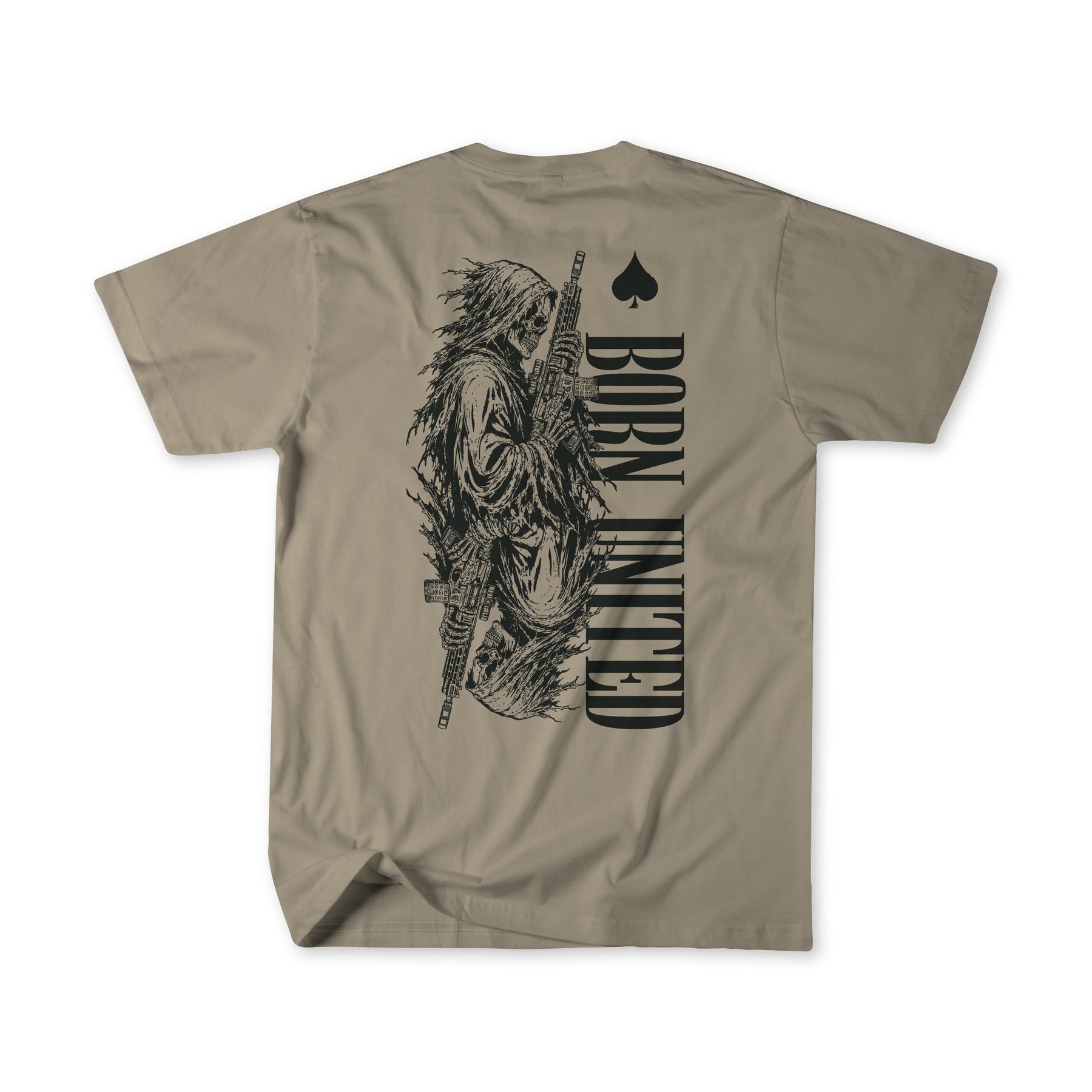 Tan t-shirt from the Born United Private Label’s Death Card collection, featuring a black illustration of a hooded figure holding a rifle, spade symbol, and dark wartime-inspired aesthetics; “BORN LIMITED” is printed vertically on the back for a bold signature look.