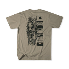 Tan t-shirt from the Born United Private Label’s Death Card collection, featuring a black illustration of a hooded figure holding a rifle, spade symbol, and dark wartime-inspired aesthetics; “BORN LIMITED” is printed vertically on the back for a bold signature look.