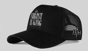 The Christ is King Trucker Snapback by 13th features bold white text with a crown graphic on the front and “13TH” plus a cross on the side, letting you share your faith in style wherever you go.