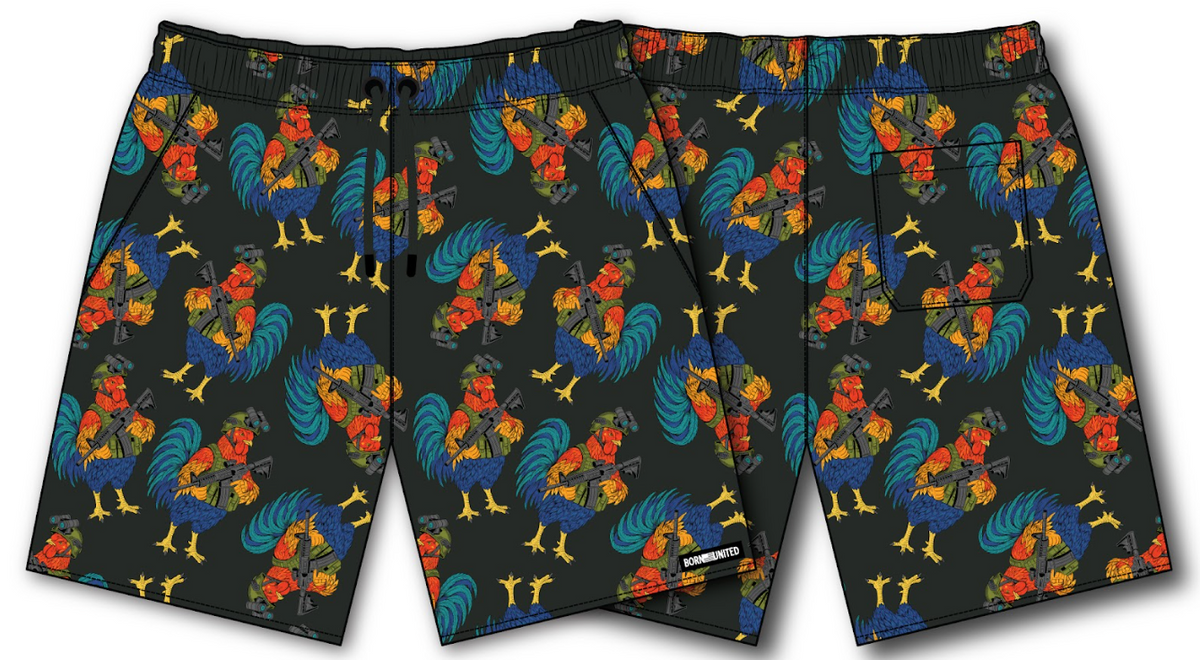 Born United Private Label Men's Performance Hybrid Shorts 5.5" | Battle Bird: Black athletic shorts with a bold multicolor rooster print, quick-drying fabric, drawstring waist, and convenient back pocket.