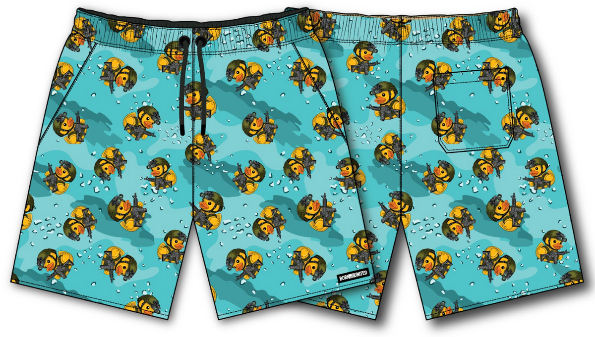 The Born United Private Label Men's Mesh Lifestyle Shorts | 5.5"- TactiQuack feature a cartoon scuba-diving dog in yellow gear with bubbles, plus a black waistband, drawstring, and back pocket for convenience.