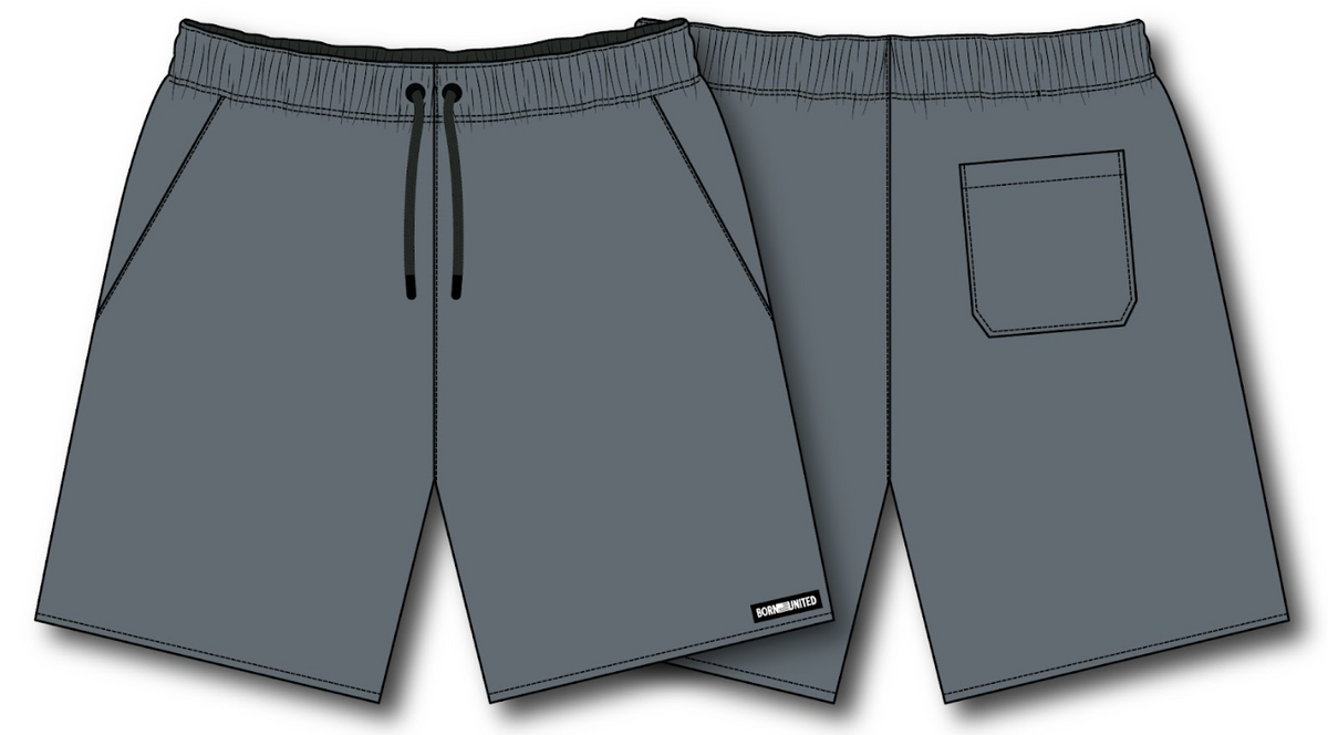 Digital illustration of Born United Private Label Men's Standard Performance Shorts | 5.5"- Gunmetal Gray, shown front and back with black drawstrings, side pockets, a back patch pocket, and a small front hem label.