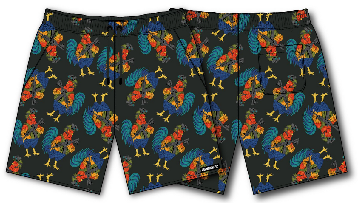 The Born United Private Label Men's Mesh Lifestyle Shorts | 5.5" - Battle Bird feature a black base, colorful repeating rooster pattern with yellow stars, drawstring waistband, and back pocket for convenience.